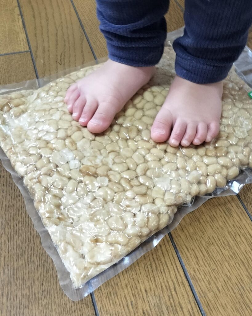 子どもが煮豆を踏んで潰している様子。味噌仕込みの工程のひとつ。
