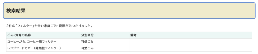 名古屋市ごみ分別検索でレンジフードカバー（難燃性フィルター）が可燃ごみと表示された結果